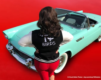 T-Bird Car With Model Wearing Our T-Bird Letterman Jacket Photo Size Is 8.5 X 11 Laminated.