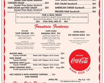 1950 Woolworth Menu Remastered Size Is 8.5 X 11 And Is Laminated.  Exactly As From the Original Menu. Same Day Shipping.