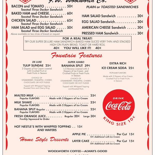 1950 Woolworth Menu Remastered Size Is 8.5 X 11 And Is Laminated.  Exactly As From the Original Menu. Same Day Shipping.