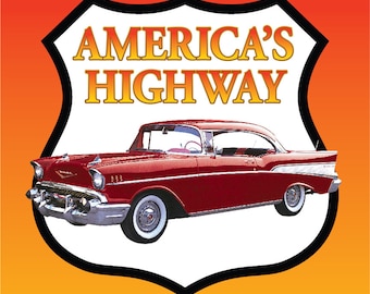 Route 66 Poster 12X18 With 1957 Chevy. Ships flat in a heavy-duty box.