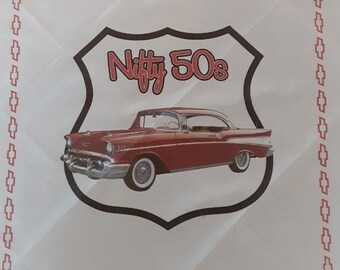 1957 Chevy Bandanna. Size is 22X22 Cotton. Two in Stock light blue back ground & white background both for 14.00