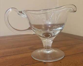 Vintage Clear Glass Pedestal Gravy Boat Sauce Server Loop Handle MidCentury