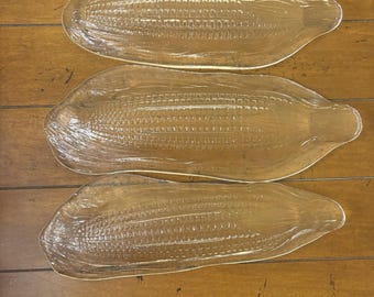 Set di 3 piatti vintage in vetro per pannocchie di mais, trasparenti e testurizzati, stile retrò Grandmacore