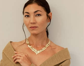 14K solid gold bib V statement necklace