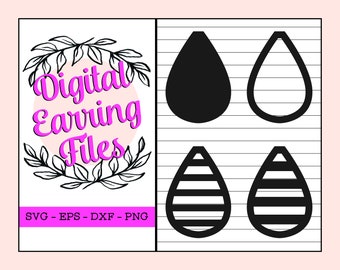 Pode incluir: Arquivos digitais de brincos nos formatos SVG, EPS, DXF e PNG. A imagem mostra quatro designs de brincos: duas formas de gota sólida, uma com preenchimento preto e outra com preenchimento branco, e duas formas de gota listradas com listras pretas e brancas.