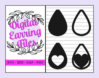 Heart Earring SVG Cutout Patterns - Cut Leather and Wood on Cricut, Silhouette or Laser - Heart on Teardrop Shape