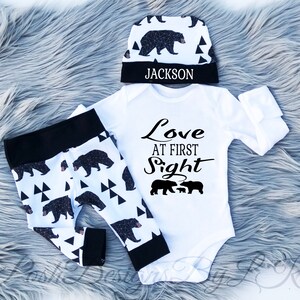 Baby Boy Coming Home Outfit | Newborn Baby Boy |Black and White| Personalized Hat| Custom Outfit with bears | Hospital Outfit| Baby Gift