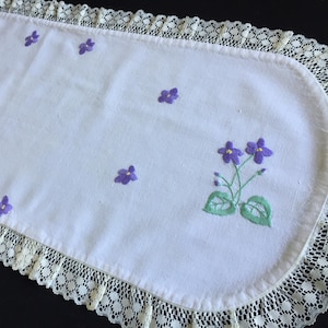 Hand Embroidered Vintage Table Runner with Violets Design