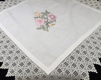 Embroidered Irish Linen Tablecloth with Roses and Deep Filet Crochet Edging