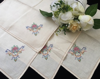 4 Cross Stitch Embroidered Napkins - Unused Vintage