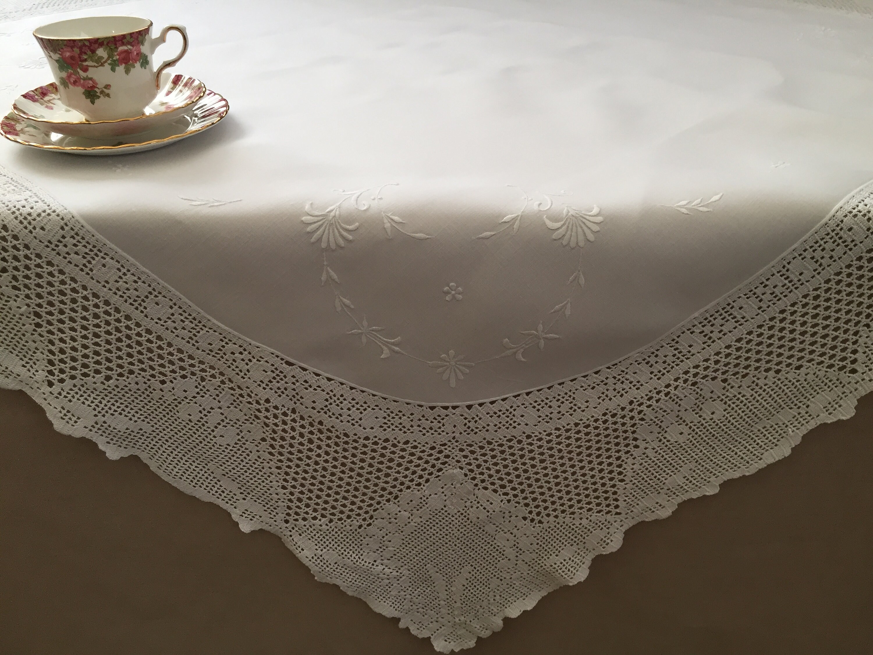 Embroidered Vintage Art Deco Irish Linen Tablecloth with Deep Etsy