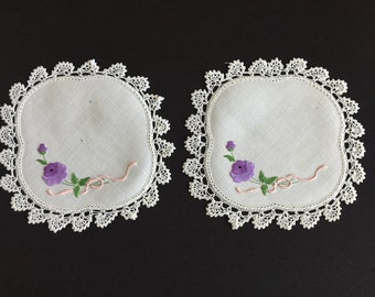 Embroidered Linen Doily Pair with Purple Roses Pattern and Crocheted Edging - for Upcycling/Sewing/Craft/Farmhouse Kitchen Decor