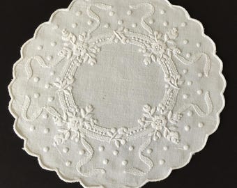 Hand Embroidered 9" Vintage Whitework Doily with Scalloped Edging