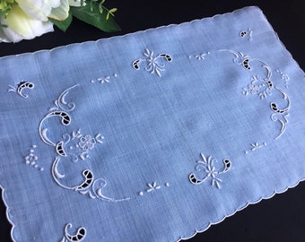 Sky Blue and White Madeira Cutwork Hand Embroidered Vintage Table Mat Doily Tray Cloth
