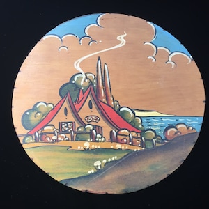 Vintage Wooden Doily Keeper Linen Press with Seaside Cottages Painting