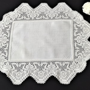 Antique Filet Crochet and Linen Doily or Table Center Mat with Art Nouveau Pattern