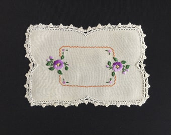 Australian Vintage Hand Embroidered Small Linen Doily with Garden Flowers Design and a Crocheted Edge - Farmhouse Kitchen Decor or Upcycle