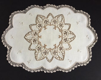 Large Vintage Hand Embroidered Linen Placemat Doily