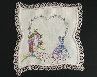 Australian Vintage Hand Embroidered Small Linen Doily with Crinoline Lady Design and a Tatted Lace Edge Farmhouse Kitchen Decor Upcycle