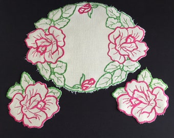 Australian Vintage Embroidered Linen Dressing Table Duchess Set with Red Roses Design