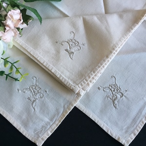 A Set of 3 Hand Embroidered Vintage Cloth Napkins in Natural Neutral Colours