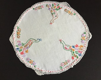 Large Hand Embroidered Vintage Linen Table Centerpiece Doily with Peacocks in Garden Pattern and Crochet Lace Edging Farmhouse Kitchen Decor