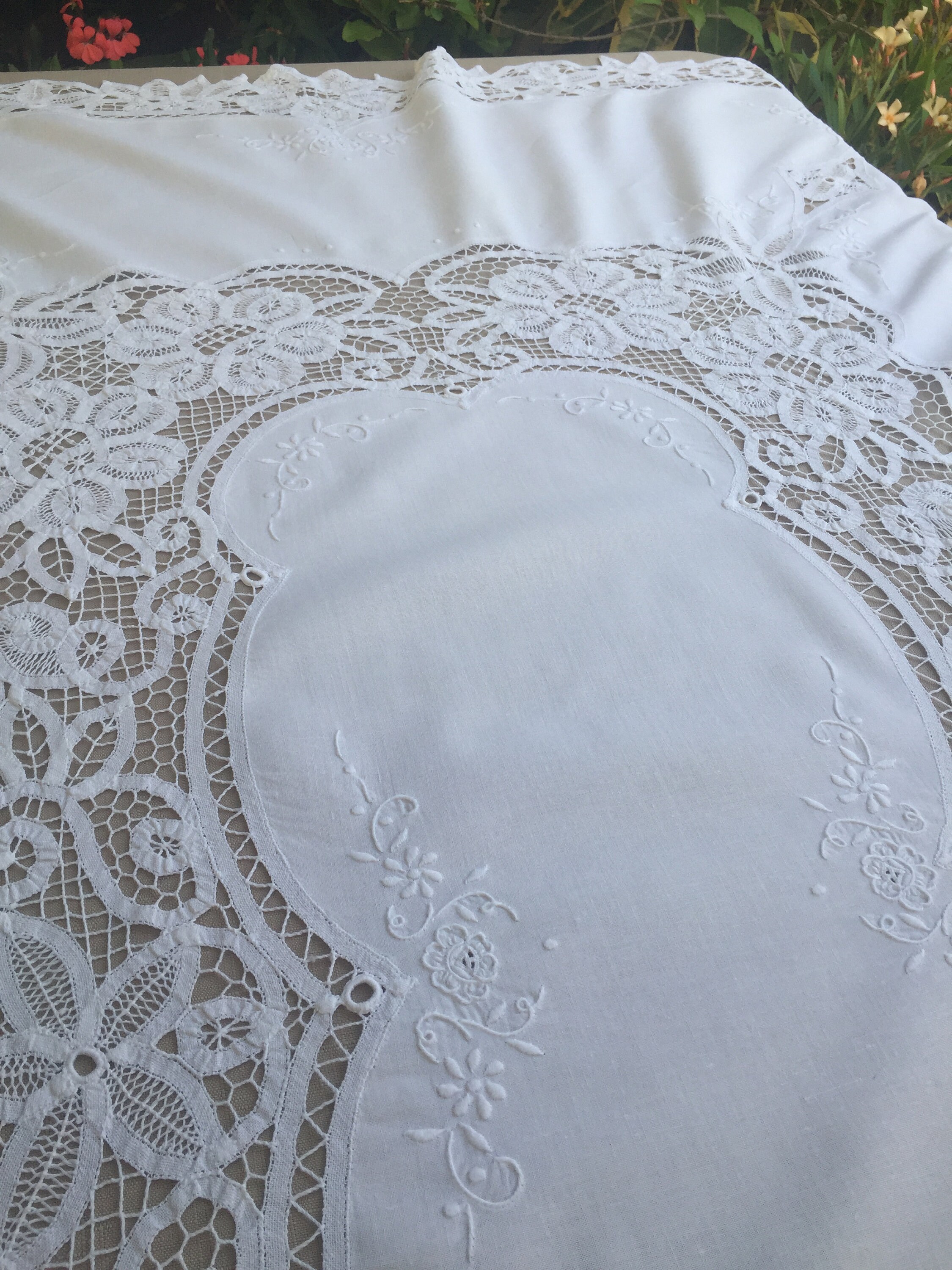 Hand Embroidered White Oblong Tablecloth with Battenburg Lace | Etsy