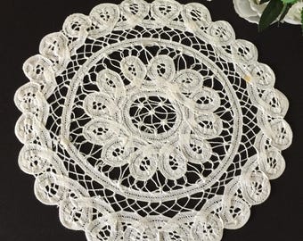 White Battenburg Cotton Tape Lace Doily 10.5" Handmade Vintage