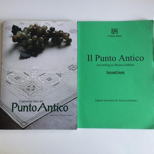 May include: Two books titled "Il Punto Antico" are displayed. The first book has a white cover with a detailed embroidered design and a cluster of grapes. The second book has a green cover with the title in white. The text "Second book" is visible.