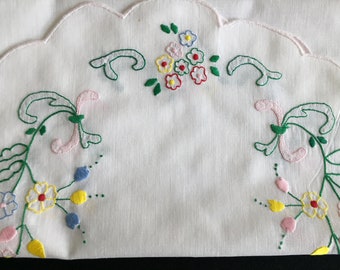 Large Hand Embroidered Vintage Table Centrepiece with Pink Scalloped Edging DAMAGED for Craft, Sewing, Junk Journal Cottagecore Style