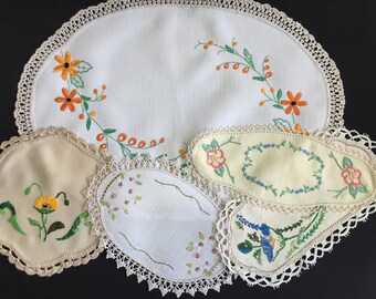 Job Lot of 5 Hand Embroidered Vintage Doilies Crocheted Edging Suitable for Craft