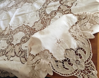 Madeira Embroidered Venetian Style Needle Lace Tablecloth in Ivory/Ecru Colour