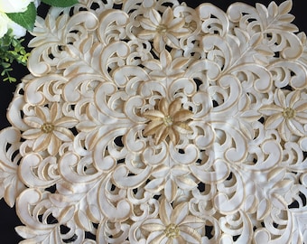 A Pair of Vintage Cutwork Machine Embroidered Large Cream and Gold Doilies or Night Stand Covers