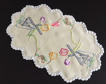 Large Hand Embroidered Dutch Themed Linen Doily with Windmill and Tulips Perfect for Cottagecore Home Decor