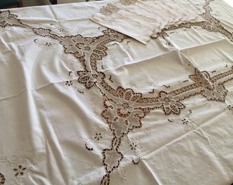 Nappe En Lin Brodée Main Vintage - Set Avec Serviettes - Blanc/ivoire - Style Antique