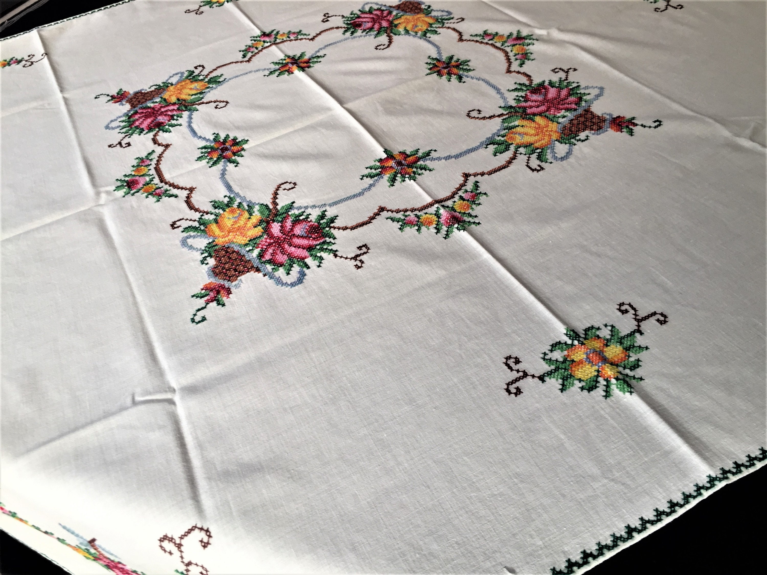 White Vintage Tablecloth Top ~ Handmade Embroidered