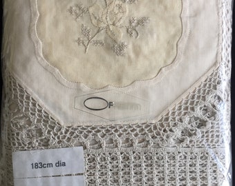 UNUSED Hand Embroidered Round Tablecloth and 8 Matching Cloth Napkins with Crocheted Lace Detail Wedding Gift or Family Heirloom Piece