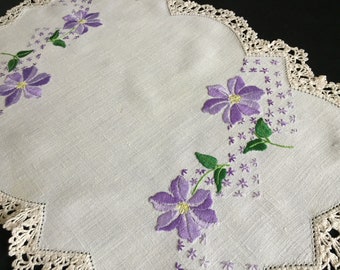 Large Hand Embroidered Vintage Natural Linen Doily with Morning Glory Purple Floral Design Perfect for Cottagecore Home Decor