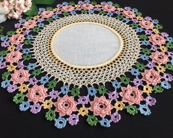 Round Vintage Table Centre Doily with a Colourful Floral Crochet Lace Border
