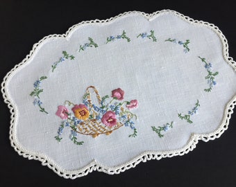 Large Hand Embroidered Linen Doily with Flower Basket Pattern and Crocheted Edging Perfect for Cottagecore Home Decor