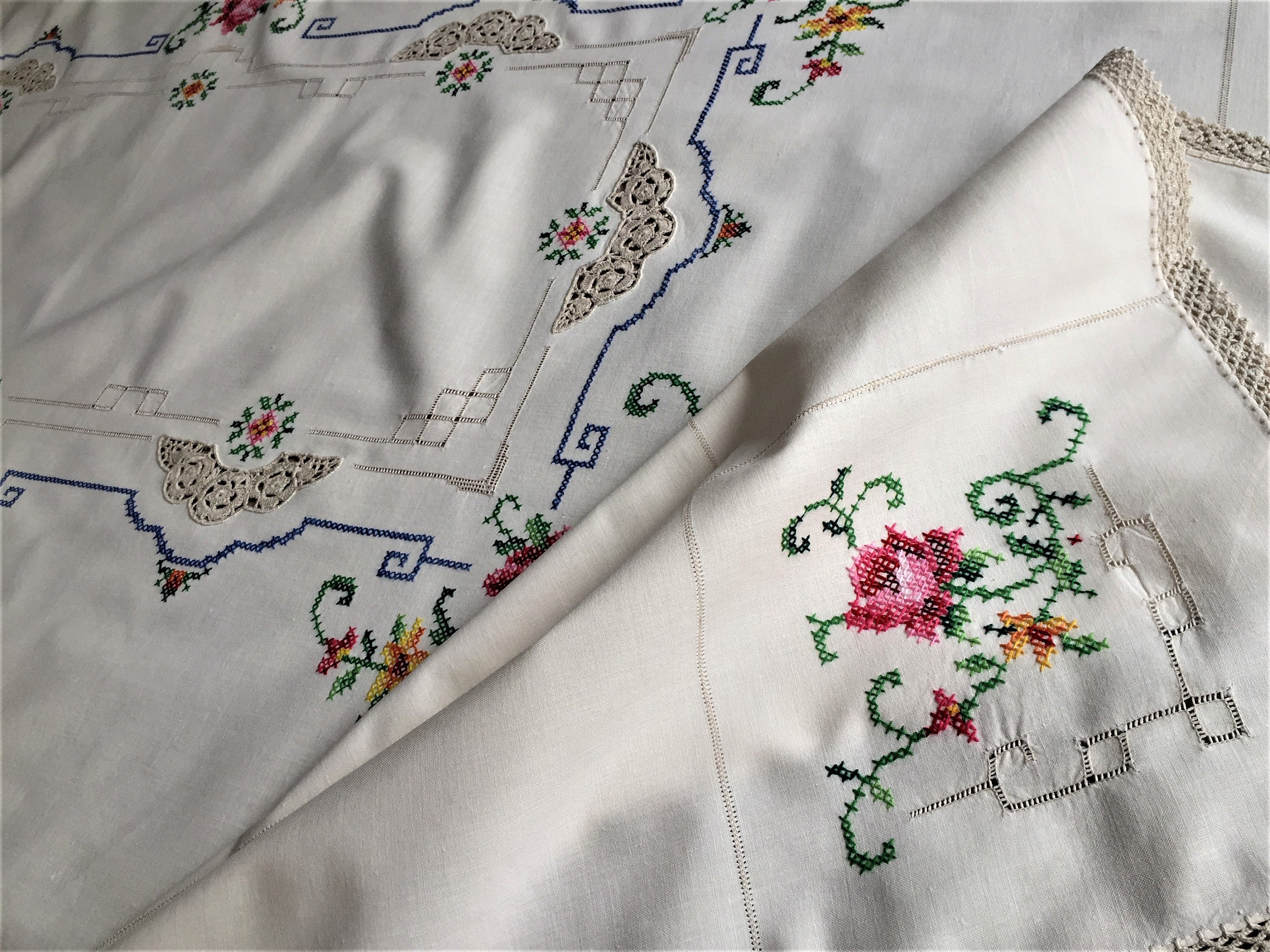 Large Hand Embroidered Ivory Cotton Linen Tablecloth With - Etsy Australia