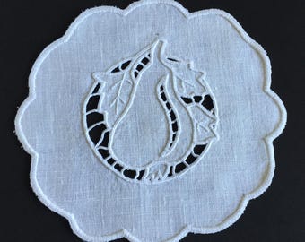Hand Embroidered Vintage Madeira Whitework Pear Pattern Doily