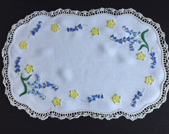 Large Hand Embroidered Linen Doily with Bluebells Pattern and a Crocheted Edging Perfect for Cottagecore Home Decor