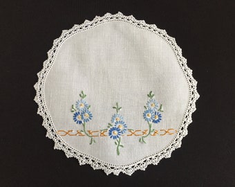 Australian Vintage Hand Embroidered Small Linen Doily with Blue Flowers Design and a Crocheted Edge - Farmhouse Kitchen Decor or Upcycle