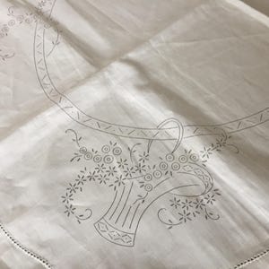 Puede incluir: Una pieza de tela blanca con un contorno impreso en gris oscuro de una cesta llena de flores. El diseño incluye una línea curva que sale de la cesta, decorada con pequeños motivos florales y un patrón de rayas repetido a lo largo del borde.