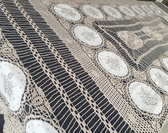 Large Hand Embroidered Ivory/Ecru Banquet Tablecloth with Knitted and Crocheted Lace Detail
