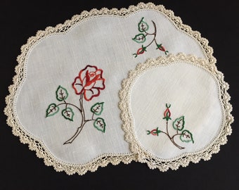 A Pair of Australian Vintage Embroidered Linen Doilies with Red Roses Pattern and a Crochet Lace Trim