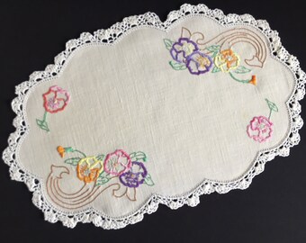 Large Hand Embroidered Vintage Natural Linen Doily with Pansies Floral Design Perfect for Cottagecore Home Decor