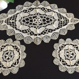 Vintage Bobbin Lace 3 Piece Duchess Set with Butterflies Pattern in Ivory/Beige Colour