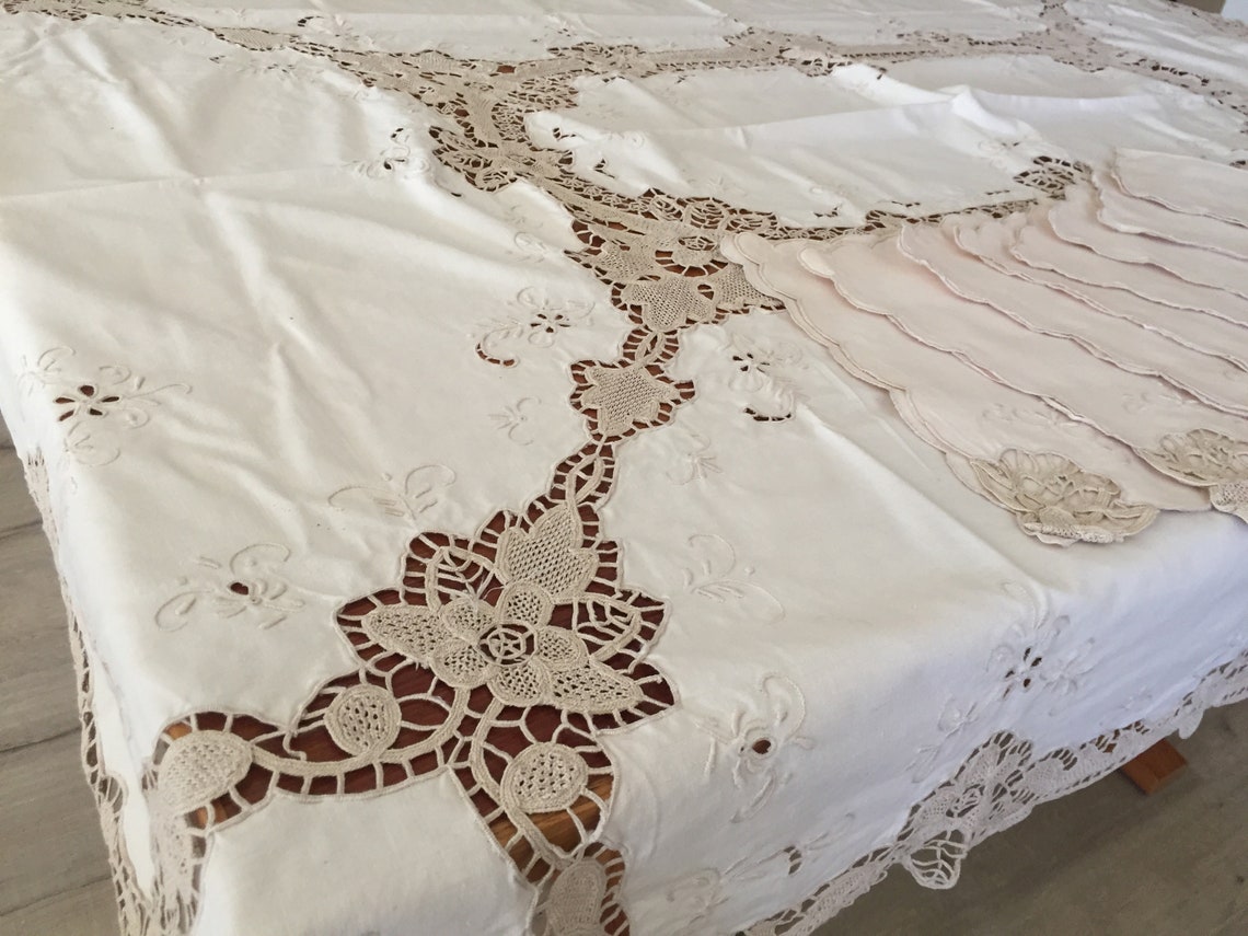 Hand Embroidered Style Needle Lace Tablecloth with 8 Etsy